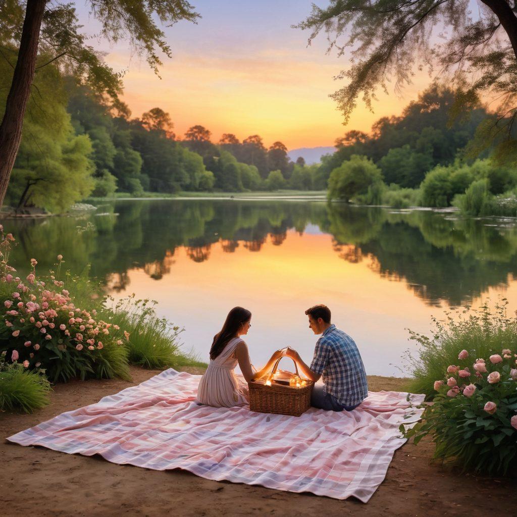 A serene and secluded romantic spot, featuring a cozy picnic setup with a blanket and vintage basket, surrounded by lush greenery and soft blooming flowers. In the background, a delicate sunset casts warm golden hues over a tranquil lake, reflecting the beauty of nature. Soft candlelight flickers, creating an intimate ambiance, with silhouettes of couple enjoying their cherished moments. watercolor painting. soft pastel colors.