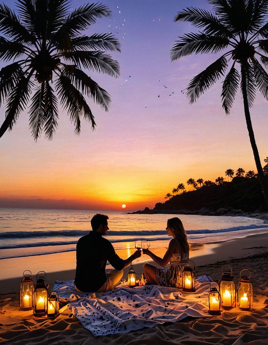 A couple standing hand-in-hand at a secluded beach during sunset, surrounded by lush palm trees and gentle waves. A picnic blanket with a wine bottle and glasses, soft glowing lanterns hanging from the trees, creating a romantic and serene ambiance. Light sparkling stars emerging in the twilight sky enhance the enchanting atmosphere. super-realistic. vibrant colors. dreamy. romantic.