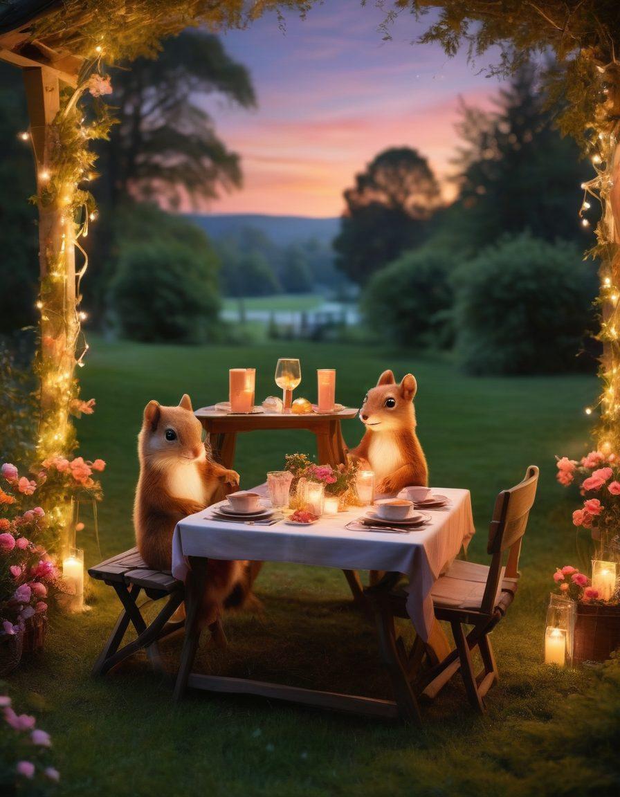 A cozy, candle-lit table set for two in a park, surrounded by soft fairy lights and a backdrop of a sunset. Include a picnic basket filled with gourmet treats and a small bouquet of flowers on the table. Capture a couple laughing and sharing a moment, with playful animals like a dog or a squirrel nearby. The scene should radiate warmth and intimacy, evoking feelings of love and adventure. super-realistic. vibrant colors.